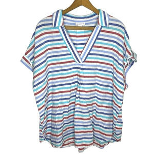 LIZ CLAIBORNE Linen Blend Striped V Neck Beachy Popover Short Sleeve Blouse